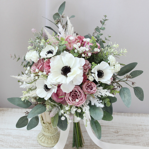 ブーケ ブートニア　ピンク系・ホワイト系 1点限り☆淡いピンクのふわふわクラッチブーケ（ブートニア付き