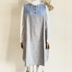 手織りとハーフリネンのバルーンジャンバースカート（グレイッシュ水色M～Lサイズ） 2枚目の画像