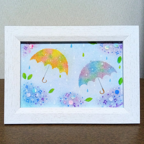 パステルアート 雨光り傘踊る梅雨景色 パステル画原画 絵画 T's Arts