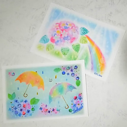 紫陽花と雨傘のポストカード2枚セット　パステルアート絵葉書 1枚目の画像
