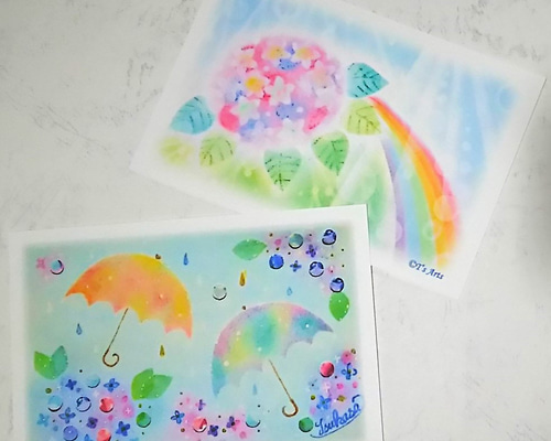 紫陽花と雨傘のポストカード2枚セット パステルアート絵葉書