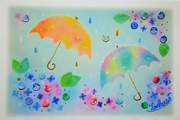 紫陽花と雨傘のポストカード2枚セット　パステルアート絵葉書 2枚目の画像