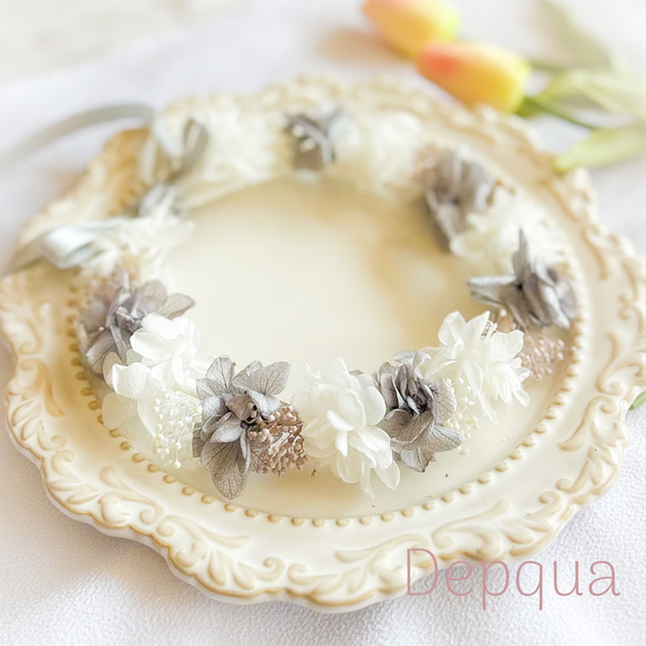 【送料無料】ベビー　キッズ　花冠　~gray white~  花かんむり　はなかんむり　結婚式　子供用　誕生日 1枚目の画像