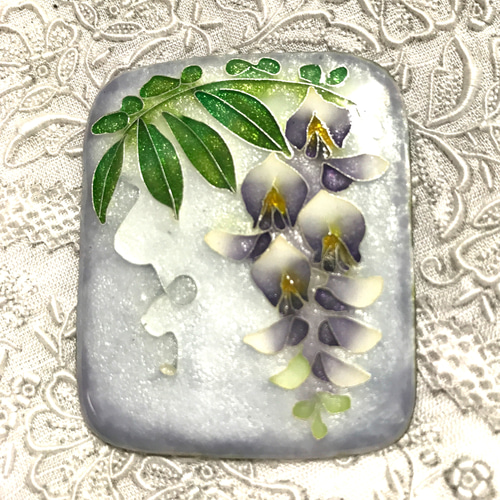 手作り七宝焼 藤の花のブローチ 銀線と銀箔 日本伝統工芸 銀張