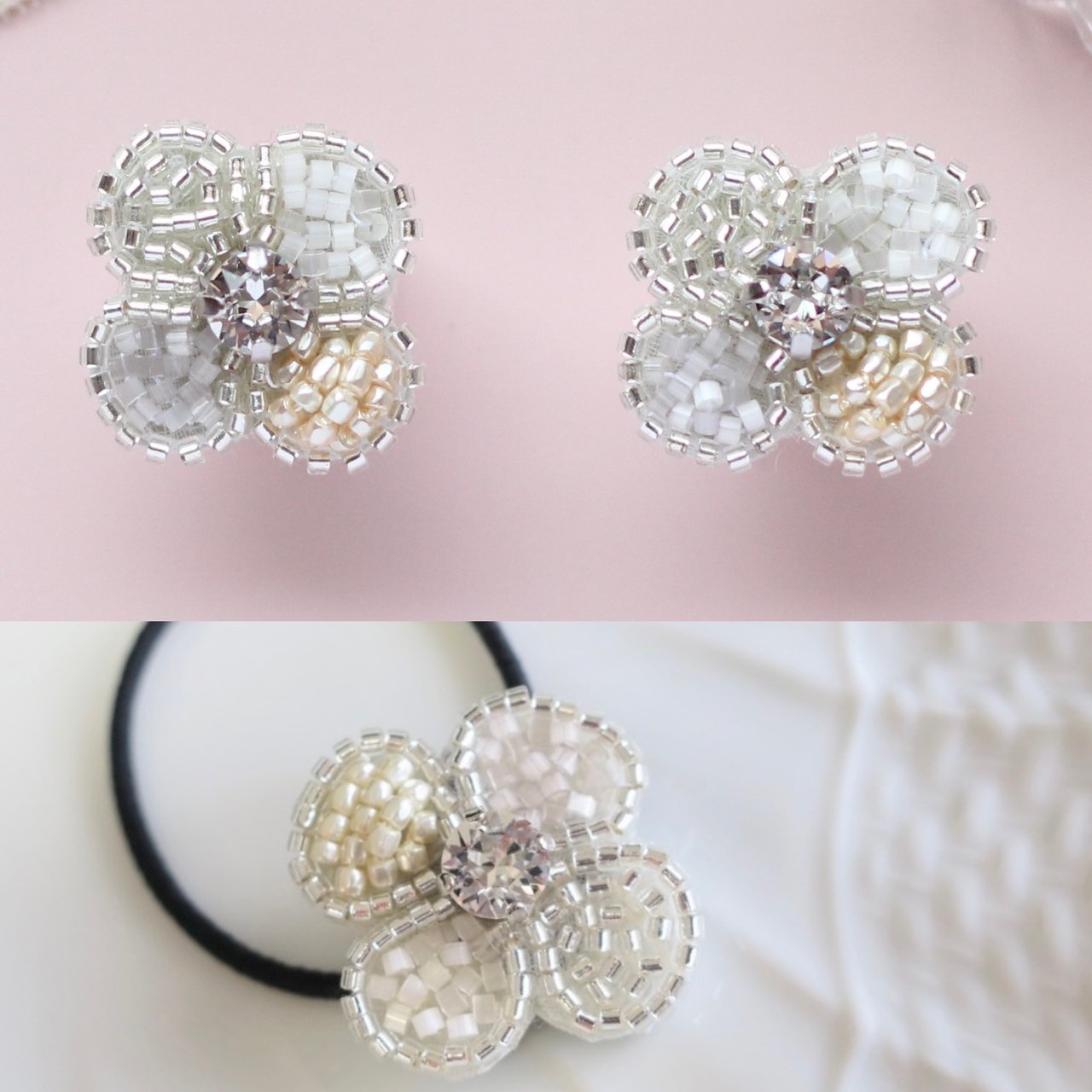 親子でリンクコーデ♡ビーズ刺繍のジュエルフラワー☆ヘアゴムとピアス