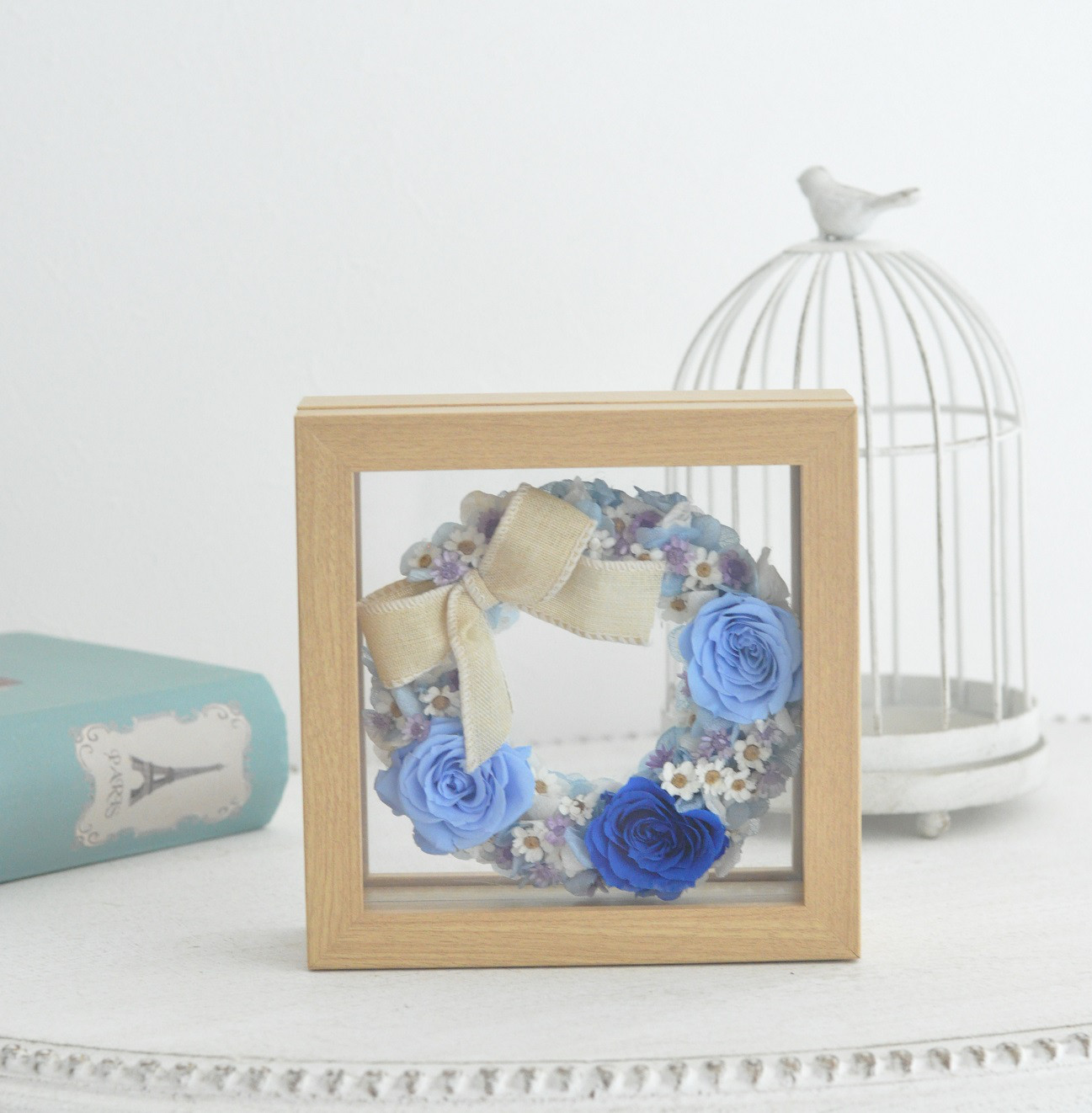 【お名前・メッセージ入れ可能】フレームフラワー（Sサイズ）ブルーリースver.☆インテリア、プレゼントにもお勧め