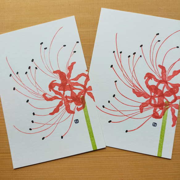 no.26『ヒガンバナ』・季節の草花で彩る手捺し原画ポストカード（2枚入り） 1枚目の画像
