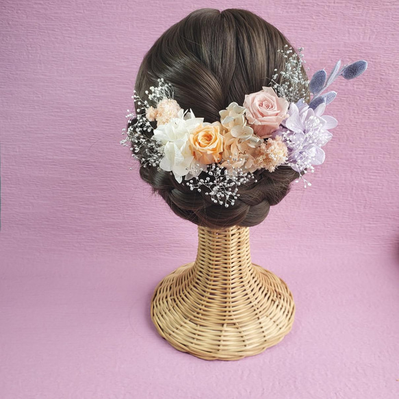 シャーベットカラー ローズ　シルバー　カスミソウ　髪飾り　ヘットドレス　ドライフラワー　結婚式　成人式 9枚目の画像