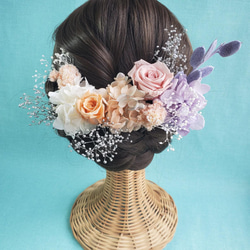 シャーベットカラー ローズ　シルバー　カスミソウ　髪飾り　ヘットドレス　ドライフラワー　結婚式　成人式 2枚目の画像