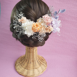シャーベットカラー ローズ　シルバー　カスミソウ　髪飾り　ヘットドレス　ドライフラワー　結婚式　成人式 6枚目の画像