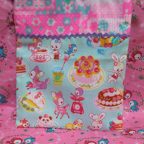 昭和レトロアニマルがかわいい♥はいから横丁♥ケーキ柄 巾着袋はい