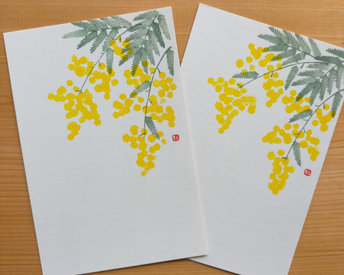 no.4『ミモザ』・季節の草花で彩る手捺し原画ポストカード（2枚入り