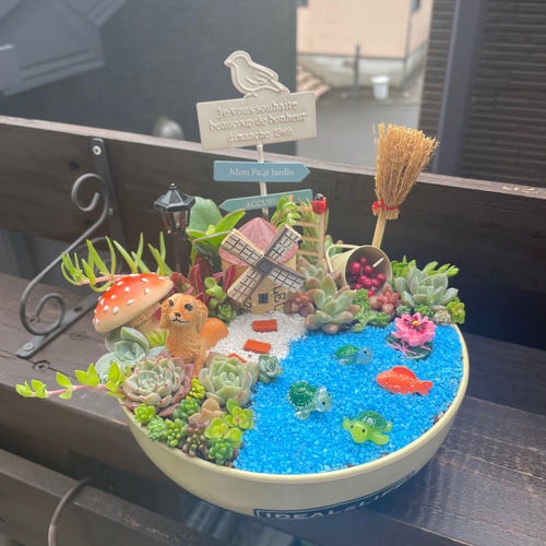 メルカリ便♫多肉植物寄せ植え♫そのまま飾れる♫お庭のわんちゃん プレゼントにも〜受注制作 円形わんちゃんちゃんガーデン箱庭風多肉