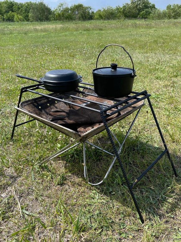 スノーピーク 焚き火台L用　アイアンレッグ　ロストル&スタンド　WIDEタイプ　ソロキャン調理台　アイアンラック 2枚目の画像