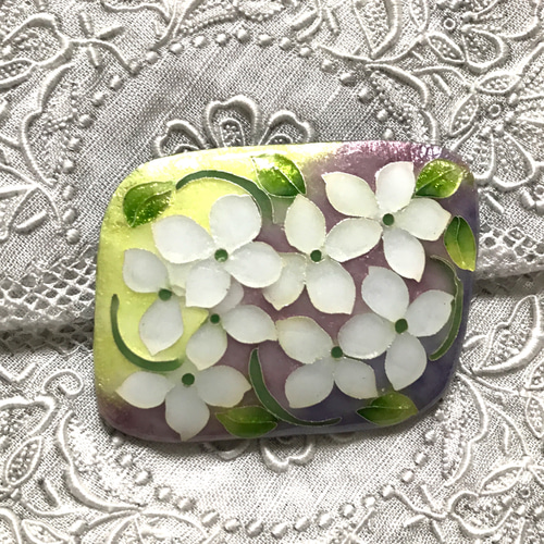 手作り七宝焼 細密お花のブローチ 菱形 銀七宝 銀線と銀箔 ブローチ