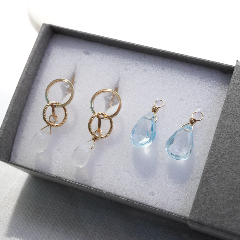 【Creema限定】14kgf/線のイヤリング(W)×ムーンストーン・ブルートパーズチャーム3点セット