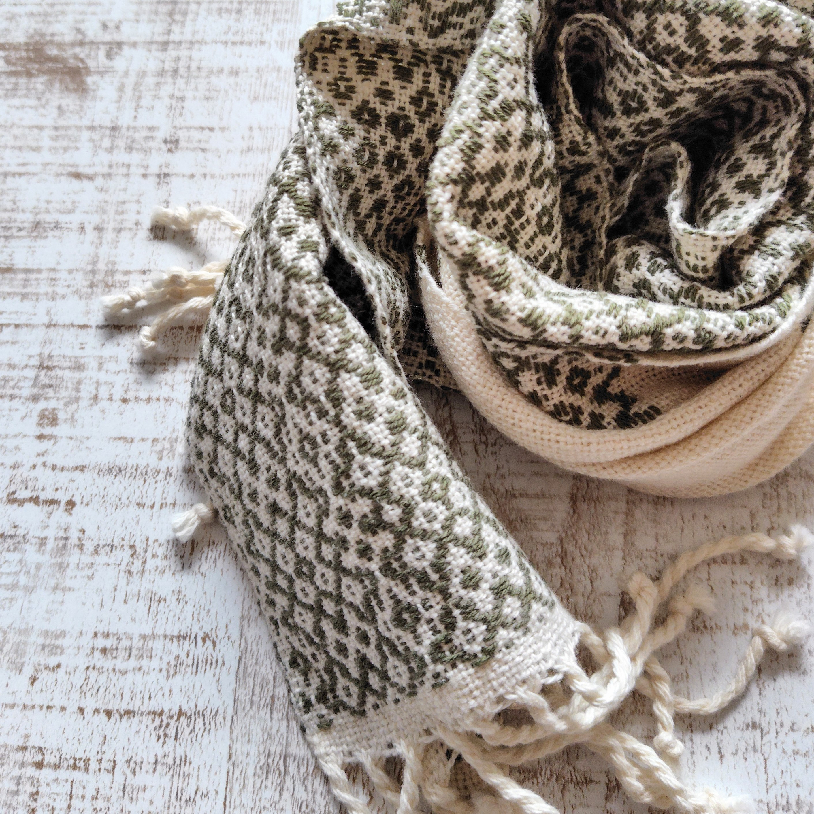 再販　上質コットン手織り　浮き織り　ミニマフラー　ミニストール　*オリーブグリーン　 270