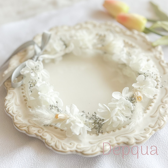 【送料無料】ベビー　キッズ　花冠　~platinum white~  花かんむり　はなかんむり　結婚式　子供用　誕生日 1枚目の画像