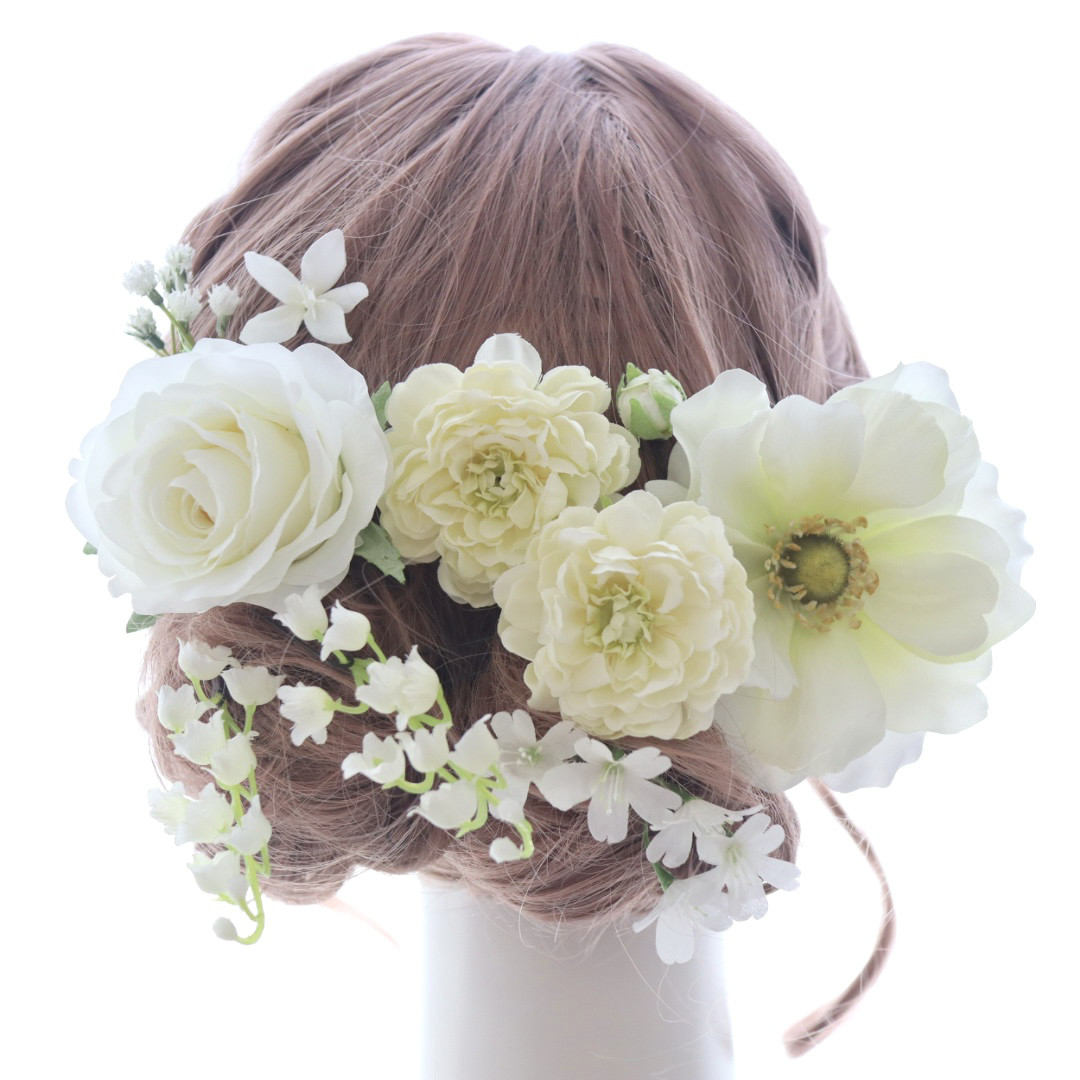 ヘッドドレス　髪飾り　白　アネモネ　バラ　ローズ　ラナンキュラス　かすみ草　ホワイト　結婚式　ウエディング　ブライダル