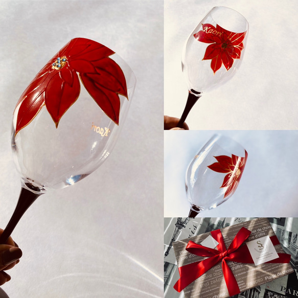 Creema限定クリスマスプレゼント【還暦祝い】人気のポインセチア　マットな赤花　ワイングラス1個 8枚目の画像