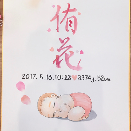 可愛い赤ちゃんの手描きのイラストが入った命名書♪オーダーもOK
