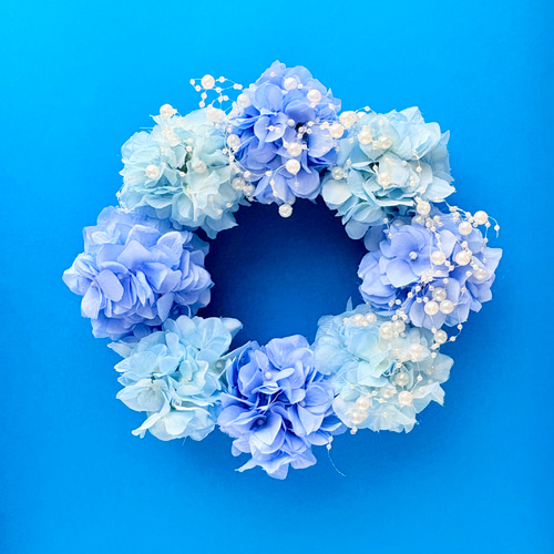 34cm/ブルーバードと紫陽花Xmasリース/グリーンリース/生花