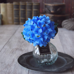 ◆粘土のお花◆　紫陽花をぽってりガラスボトルに飾って・・・ブルー　高さ約16センチ　A392　 14枚目の画像