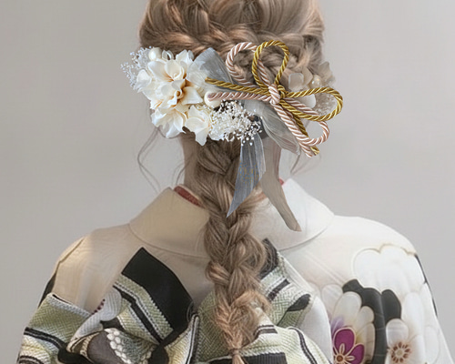 mix紐リボン ベージュダリア ホワイト髪飾り 成人式 卒業式 結婚式