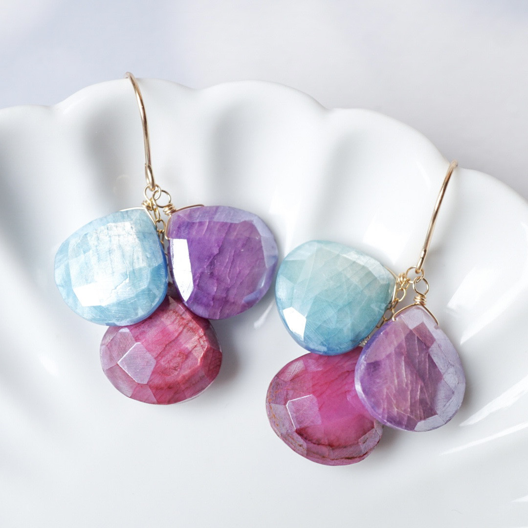 「朝顔」ミスティックムーンストーン ピアス イヤリング 夏 天然石 誕生石 14kgf 樹脂 ノンホール アレルギー対応