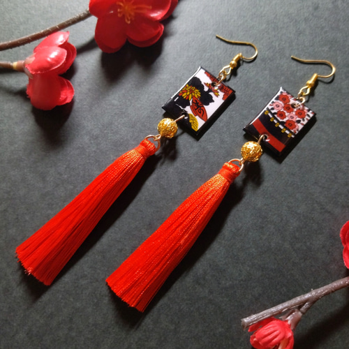 花札&タッセルピアス(イヤリング)（花見で一杯）【花札【桜【卒業式