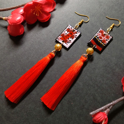 ピアス狐仮面黒オレンジ紅葉ビジュークラックビーズ和着物卒業式