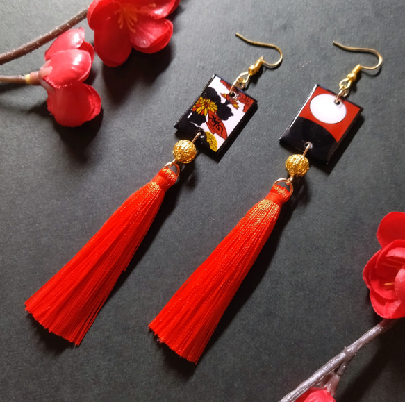 花札&タッセルピアス(イヤリング)（月見で一杯）【花札【サブカル 
