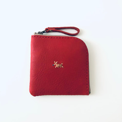 栃木レザー  手縫いのハーフな財布　（赤） 1枚目の画像