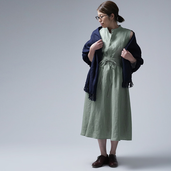 【wafu】Linen dress  リネンワンピーススタンドカラー ドレス / 青磁鼠 a019e-snz1 5枚目の画像