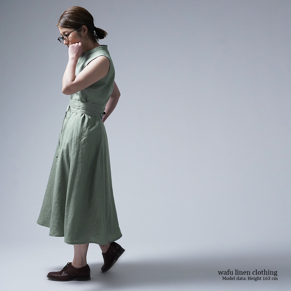 【wafu】Linen dress  リネンワンピーススタンドカラー ドレス / 青磁鼠 a019e-snz1 3枚目の画像