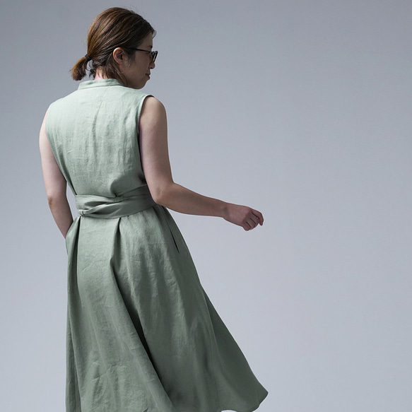 【wafu】Linen dress  リネンワンピーススタンドカラー ドレス / 青磁鼠 a019e-snz1 4枚目の画像