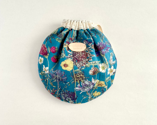 リバティ ハンドメイド巾着袋 ワイルドフラワーズ まあるい巾着〈リバティ Wild Flowers/ワイルドフラワーズ〉ターコイズ
