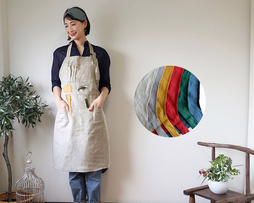 色が選べる リネン 100％ ワーク エプロン 作業用エプロン 母の日に