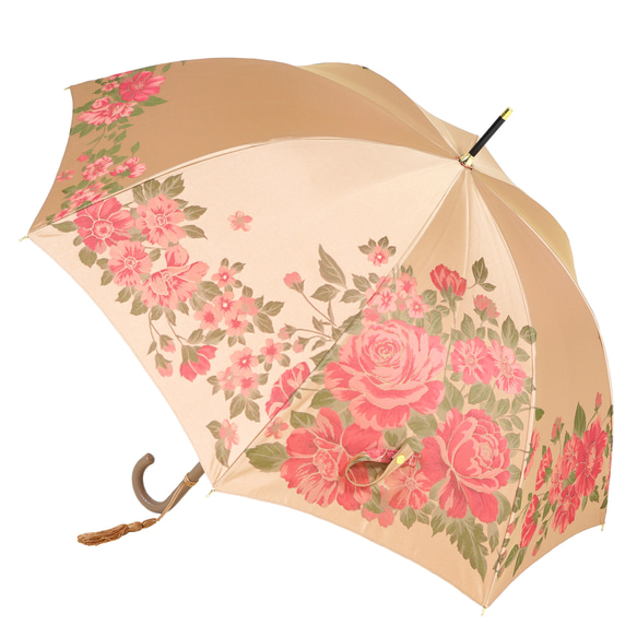 【晴雨兼用傘】絵おり 大バラ ベージュ 
