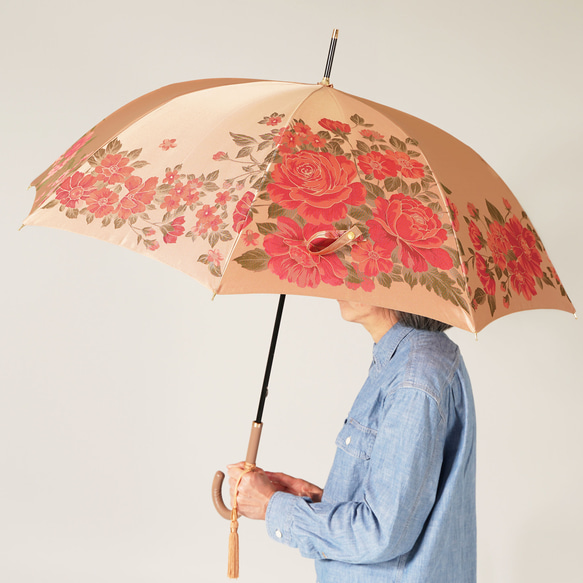 【晴雨兼用傘】絵おり 大バラ ベージュ 