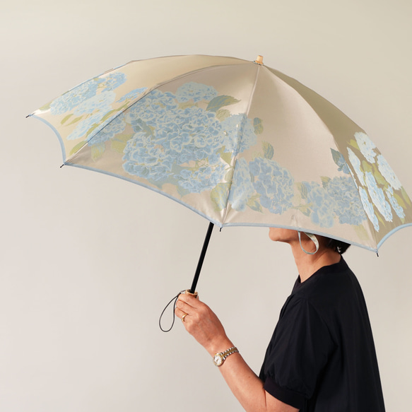 【晴雨兼用 折りたたみ傘】絵おり 紫陽花（あじさい）ライトブルー 6枚目の画像