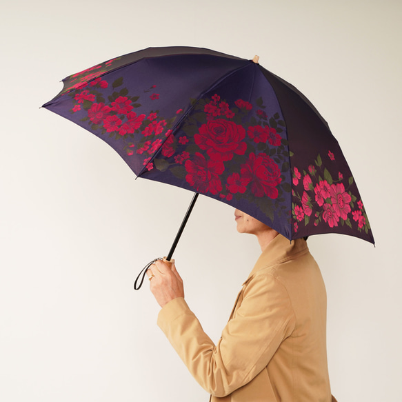 【晴雨兼用 折りたたみ傘】絵おり 大バラ ネイビー 7枚目の画像