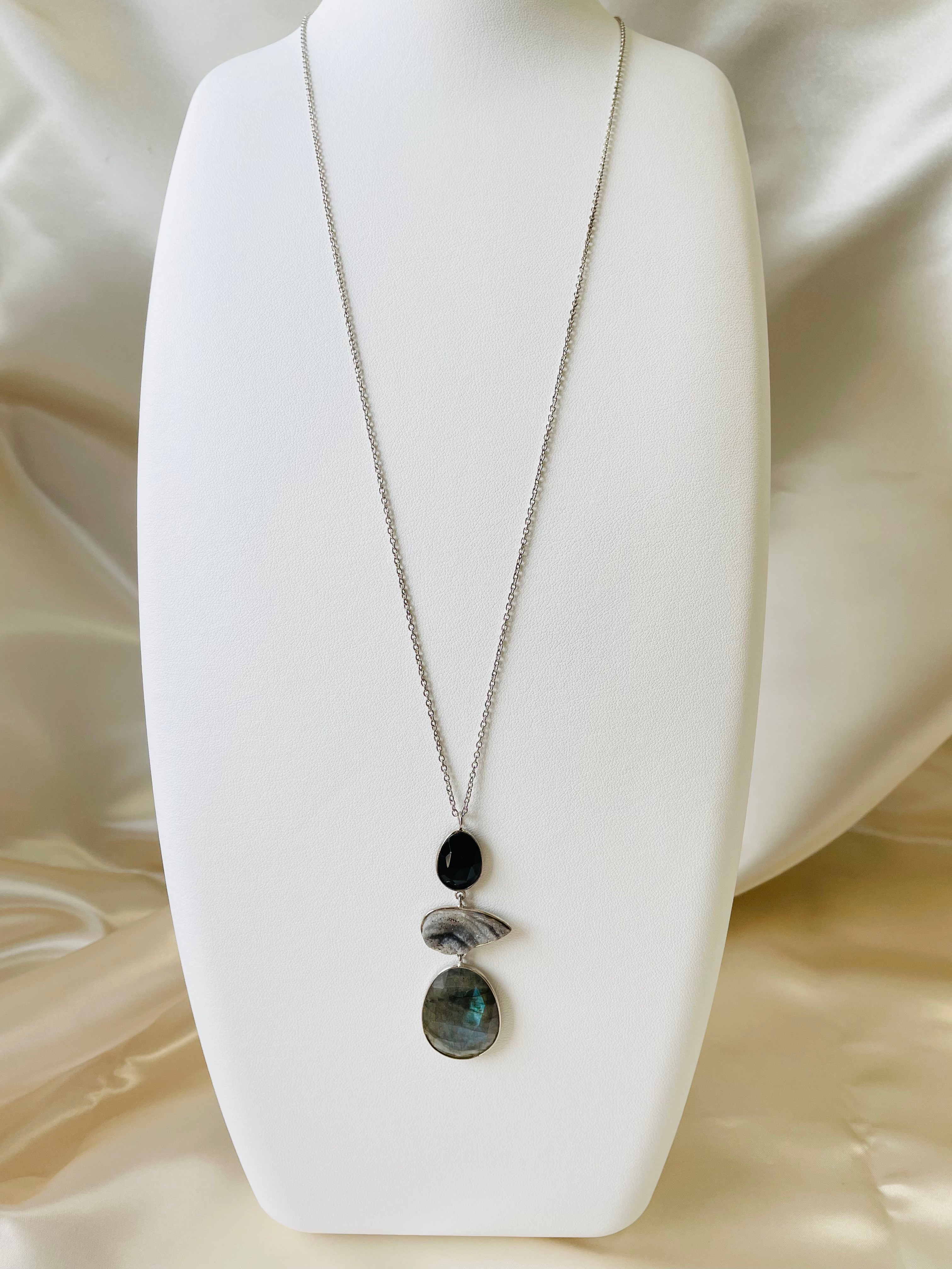 《SV925＋ロジウムコーティング》天然石ペンダント◇ブラックオニキス◇デザートドゥルージー◇ラブラドライト