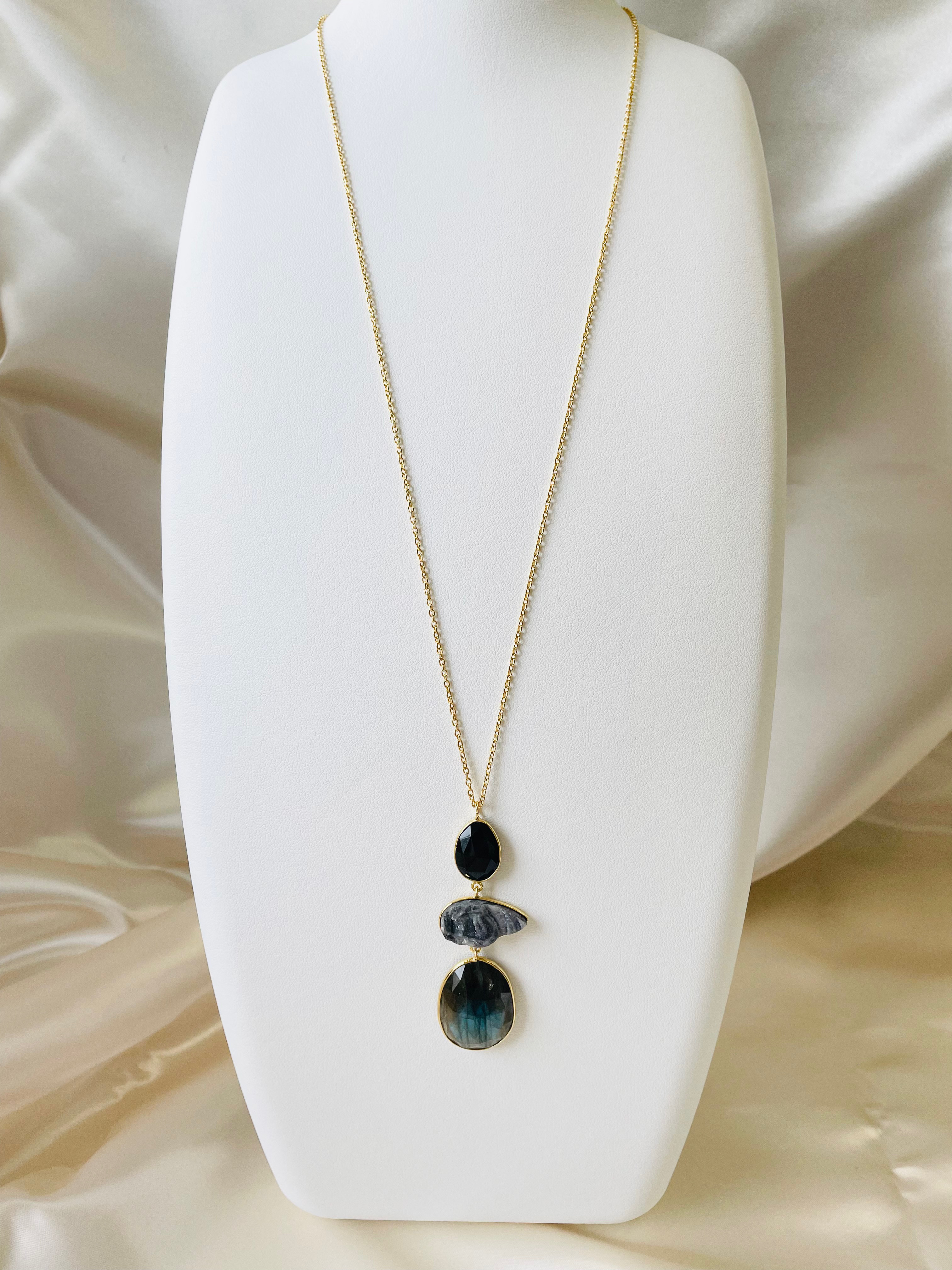 《SV925+K18YGコーティング》天然石ペンダント◇ブラックオニキス◇デザートドゥルージー◇ラブラドライト