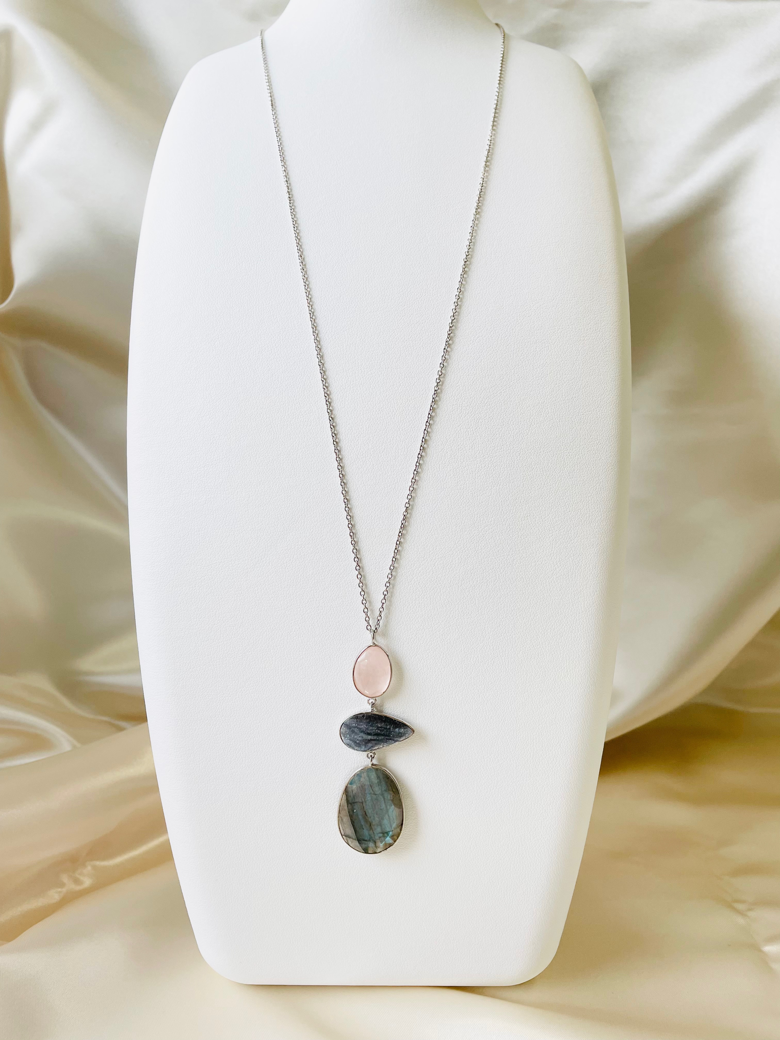 《SV925＋ロジウムコーティング》天然石ペンダント◇ローズクオーツ◇デザートドゥルージー◇ラブラドライト