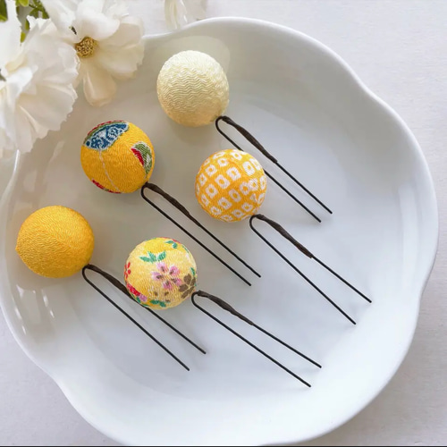 まるっとかわいい♪ちりめん玉の髪飾り【黄色 和玉 5本セット まるっとかわいい♪ちりめん玉の髪飾り【黄色 和玉 5本セット