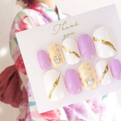 前撮りや袴にも◇色打掛や振袖に◇紫と白と金の和柄のネイルチップ◇37