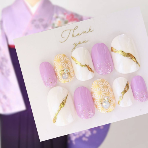 前撮りや袴にも◇色打掛や振袖に◇紫と白と金の和柄のネイルチップ◇37