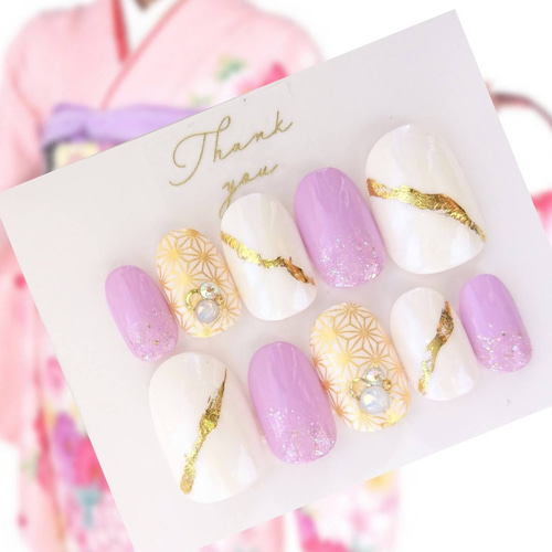 前撮りや袴にも◇色打掛や振袖に◇紫と白と金の和柄のネイルチップ◇37