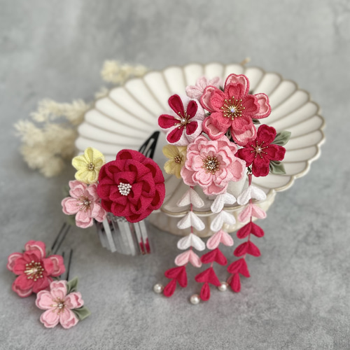 つまみ細工 七五三かんざしセット（3歳さん向け）チェリーピンク 黄色